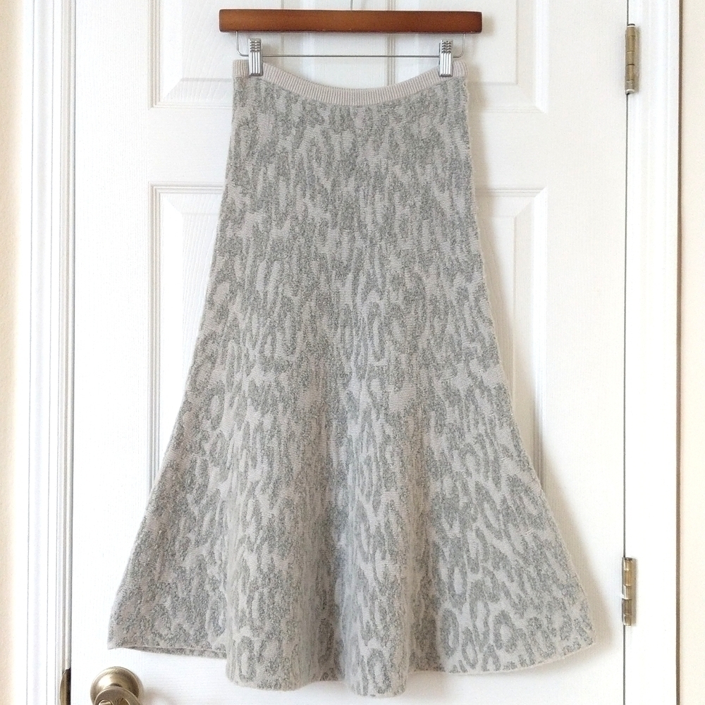 Theory Marvita Leopard Print Wool Blend Vela Knit A-line Midi Skirt Gray Small
